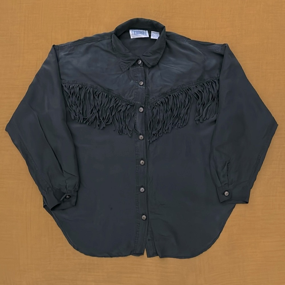 Vintage Western Black Silk Fringed Blouse